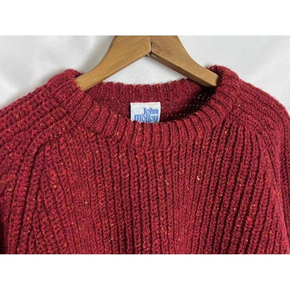 John Molloy Vintage Donegal Virgin Wool Sweater Men's XL Red Chunky Rib Knit EUC